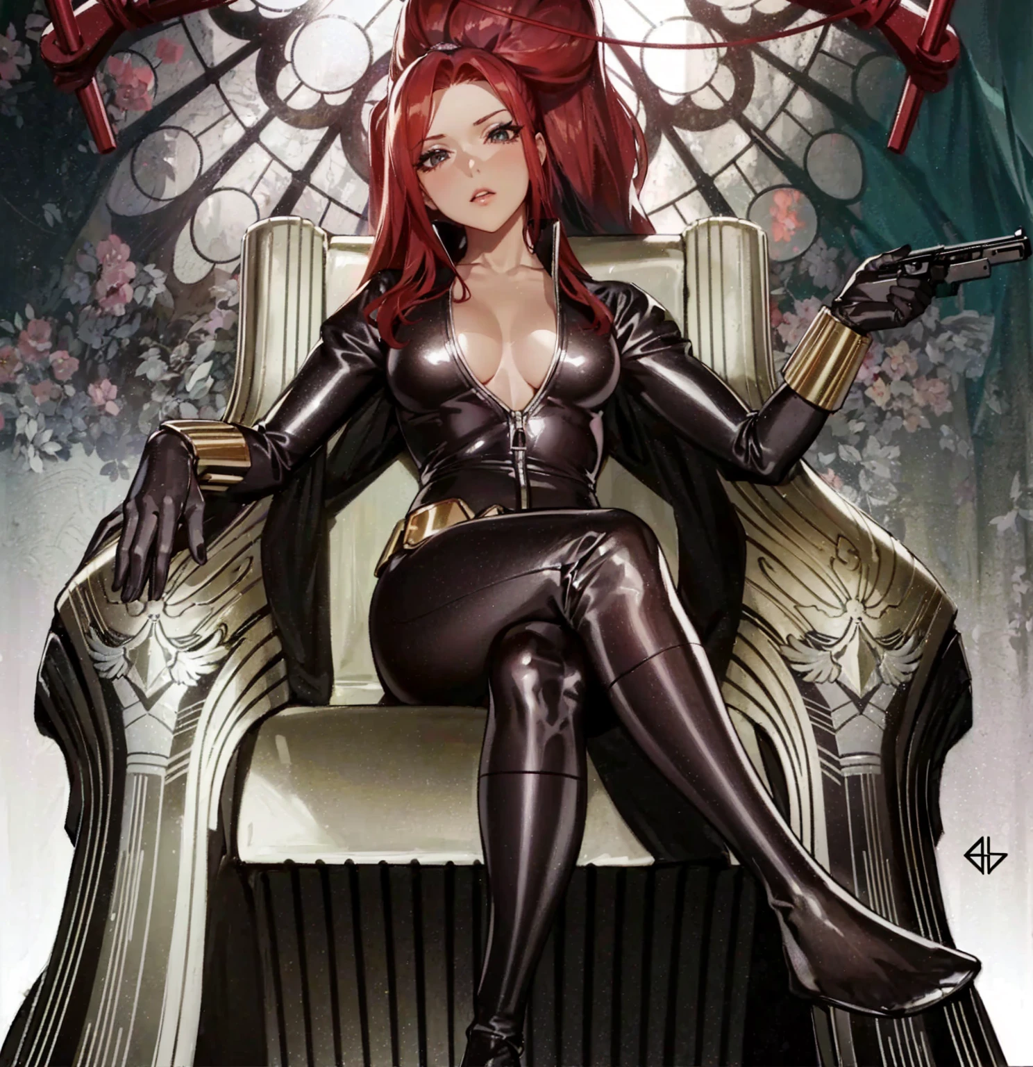 The image depicts a red-haired girl sitting on a throne. She sports a sleek skin-tight shiny black latex bodysuit with a deep-cut zipper neckline revealing a large chest, the silver zipper running down the front. The suit is complemented by her golden wrist guard on both wrists and a belt of shiny golden circles around her waist. The girl is portrayed as holding a gun in each of her hands, highlighting a sense of power and assertiveness. The backdrop consists of architectural features and the color palette predominantly includes shades of gray.