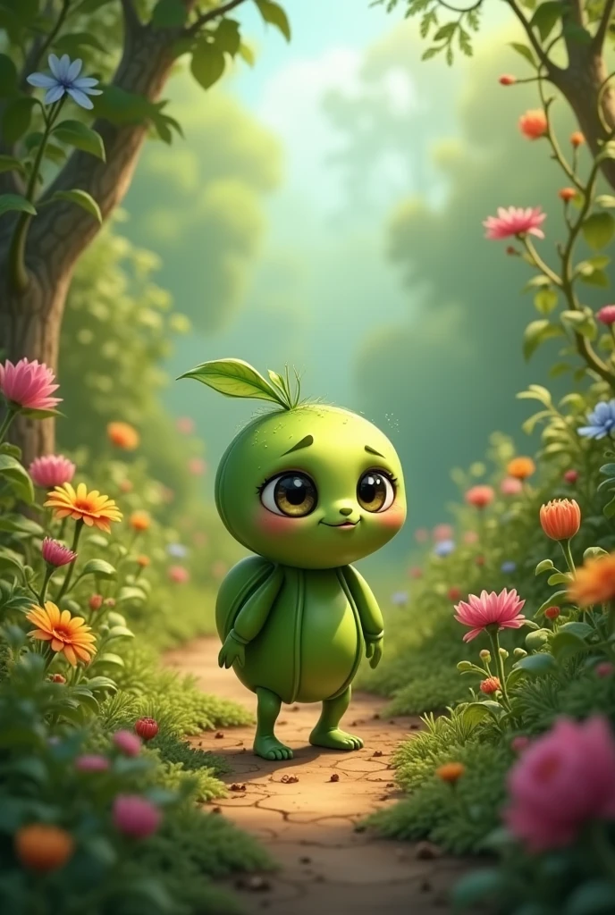 A hungry pea with eyes in the garden