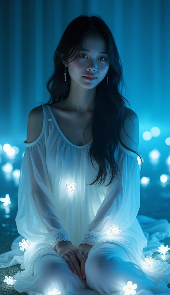 realistic photography, fantasy, a grin beautiful Japanese woman 25yo., sitting on dark room, wearing white Chiffon fabric thai dress flowing., kneel sit ,creating glowing flowers spelling out the words text "Nuttawan", glowing blue light, dynamic color, there is flowers scattered around her, depth of field, dynamic angle
