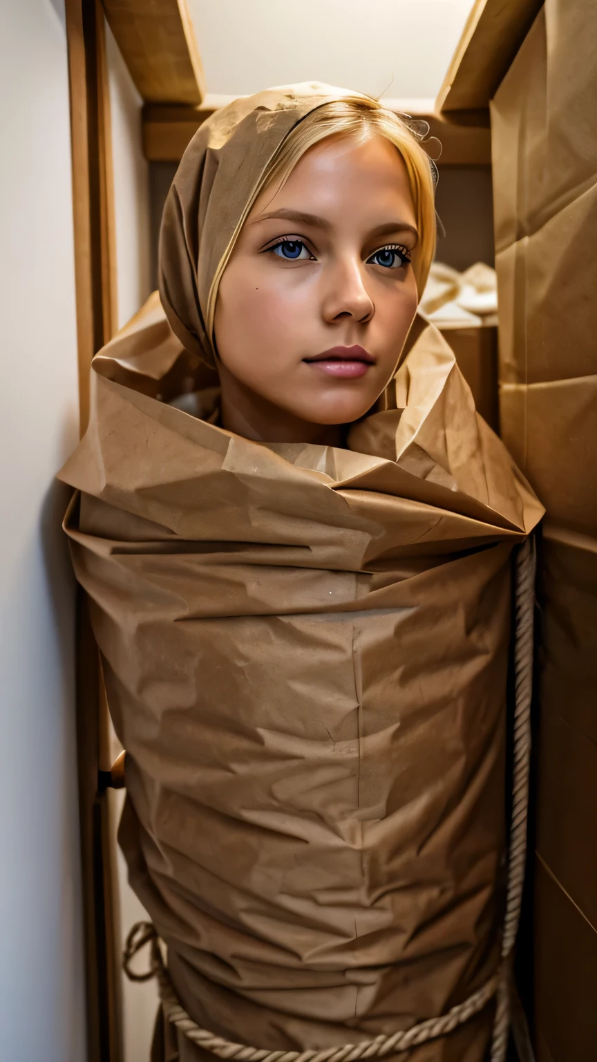 a stunningly beautiful blond woman wrapped in a very tight makeshift bodybag made of brown paper garbage bags, she is tied with rope into a helpless little human package, she is wrapped around with rope, wearing a brown paper bag with eyeholes over head, she is hanging inside closet, bright day, extremely photorealistic, highly detailed photo,