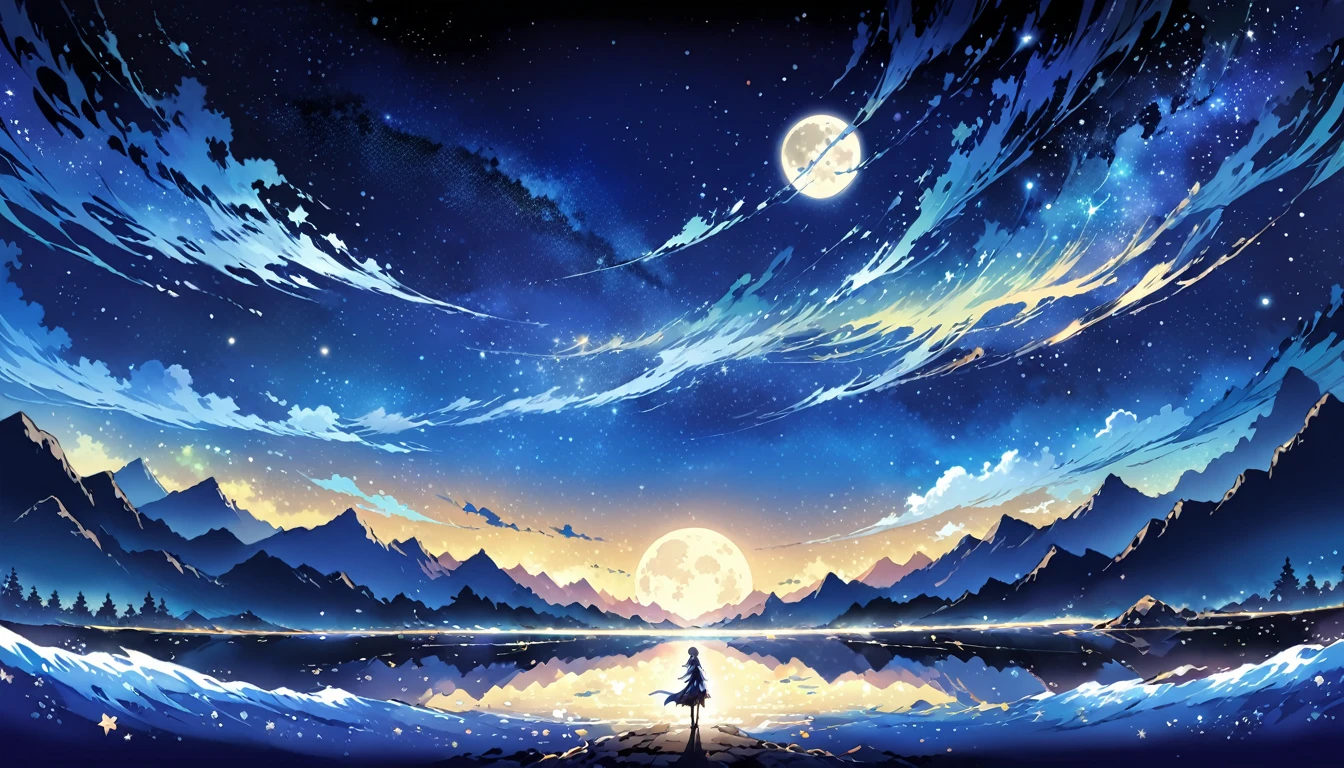 A painting of rivers, stars and moon shining together, Concept art inspired by Tosa Mitsuka, Pixiv competition winner, best quality, Fantasy Art, Beautiful anime scene, Full Moon, Starry Sky environment in the moonlight, dream, Anime Background art, Dream landscape painting, What a wonderful night, Anime Background, Background artwork, Great Art, Atmosphere Animation, Starry Sky, Detail Enhancement.