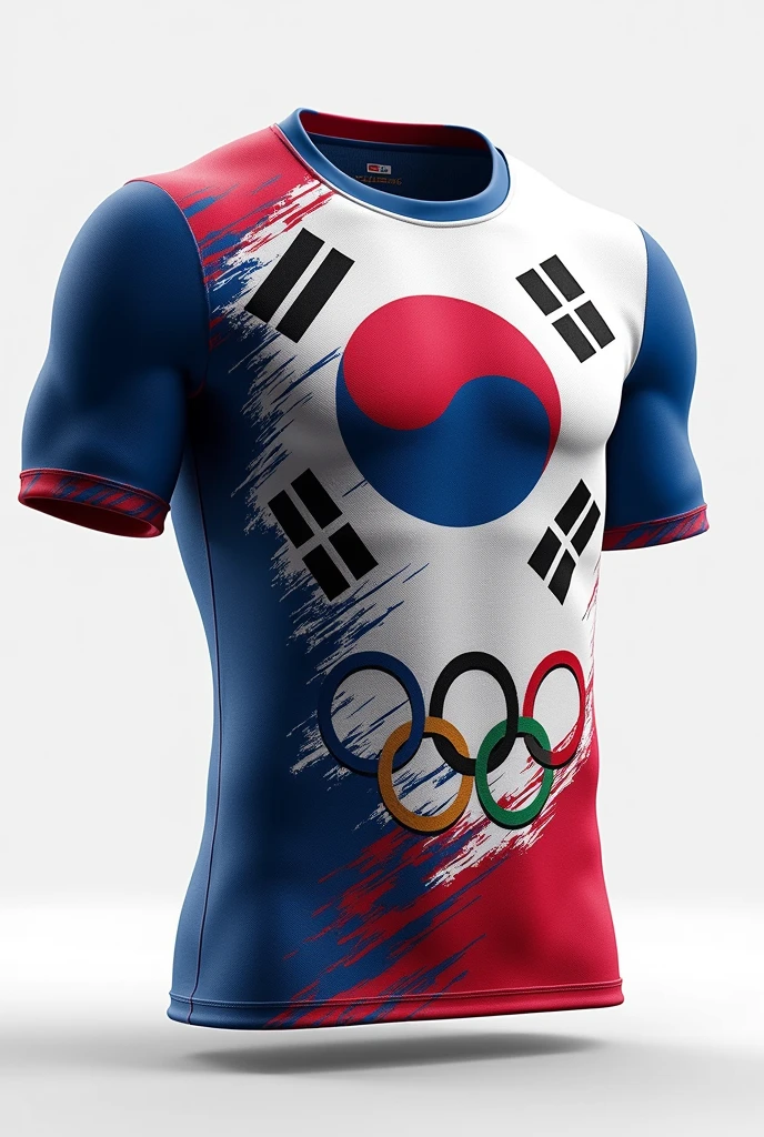 An indoor game jersey with an Olympic theme where the country is South Korea, Include elements that remind you of the country and the Olympic rings. Create the front and back of the shirt