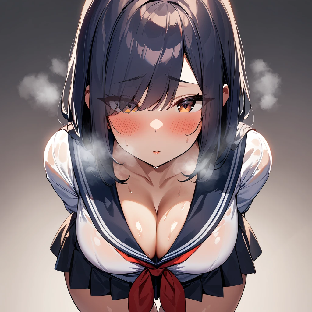 1girl,(Erotic),Closed mouth,serafuku,red neckerchief,white blouse,pleated skirt,sexually suggestive,(Cleavage:1),Leaning forward(cowboyshot:1.5),(in heat:1.5),(Breasts),(heavy breathing:1.5),arms behind back,(Legs_apart),(shiny_skin),(eyes visible through hair:1.5),very sweaty,dark blue hair,(brown eyes),hair over eye,blush,(Heavy Breathing:1.3),(Steaming body:1),(straight-on),(light skin:1.5),masterpiece,best quality,very aesthetic,absurdres,medium hair,straight hair,(female:1),(curvy:1),(incoming kiss), facing_viewer