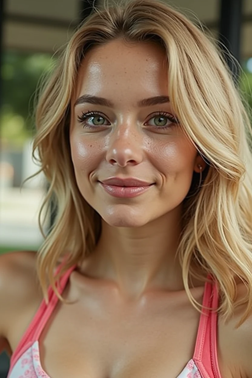 23 year old girl, blonde with green eyes, athletic body, working out for my Instagram profile picture