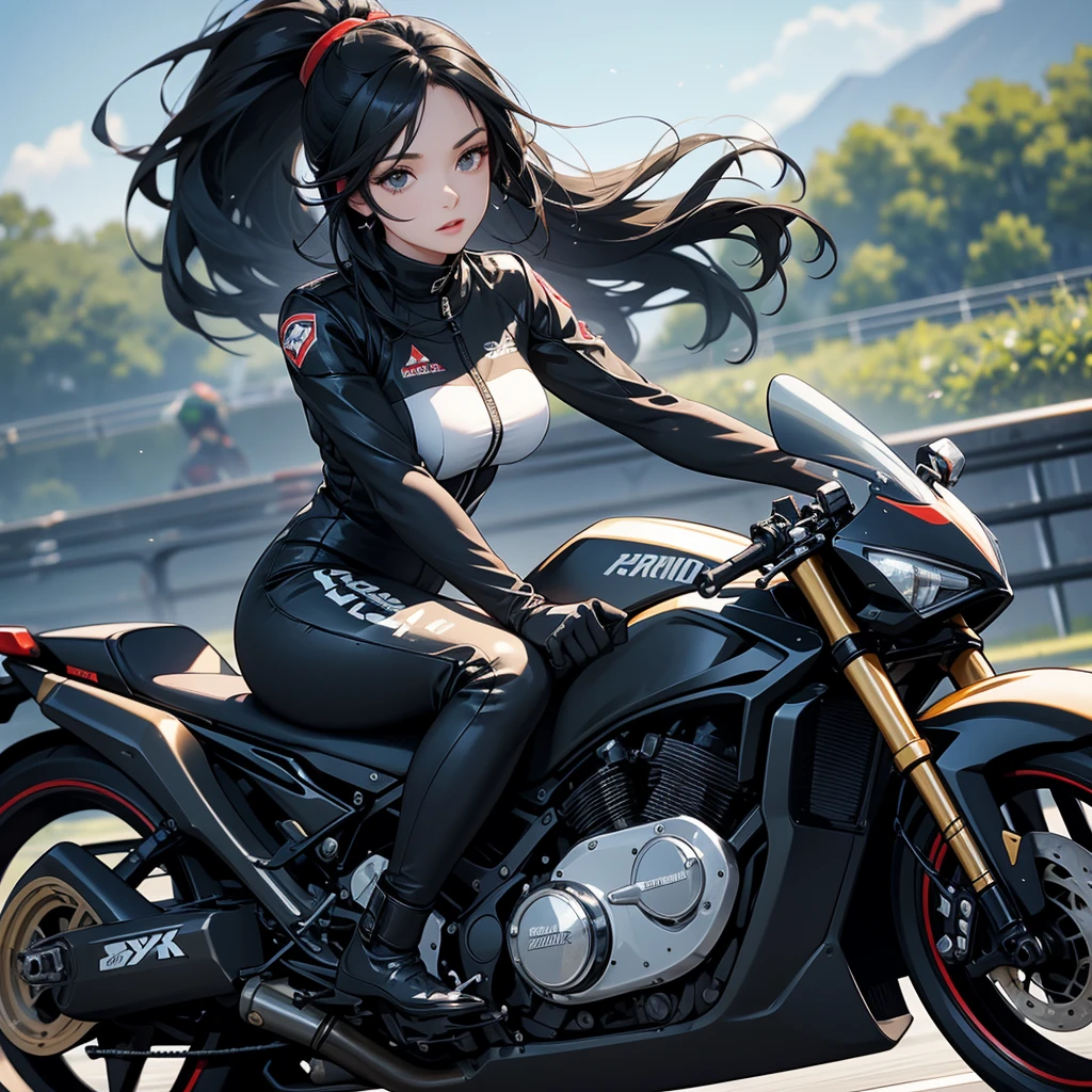 A beautiful female racer wearing a black racing suit, with long black hair, is riding a motorcycle, racing on a racetrack. There are many spectators sitting around watching the race.