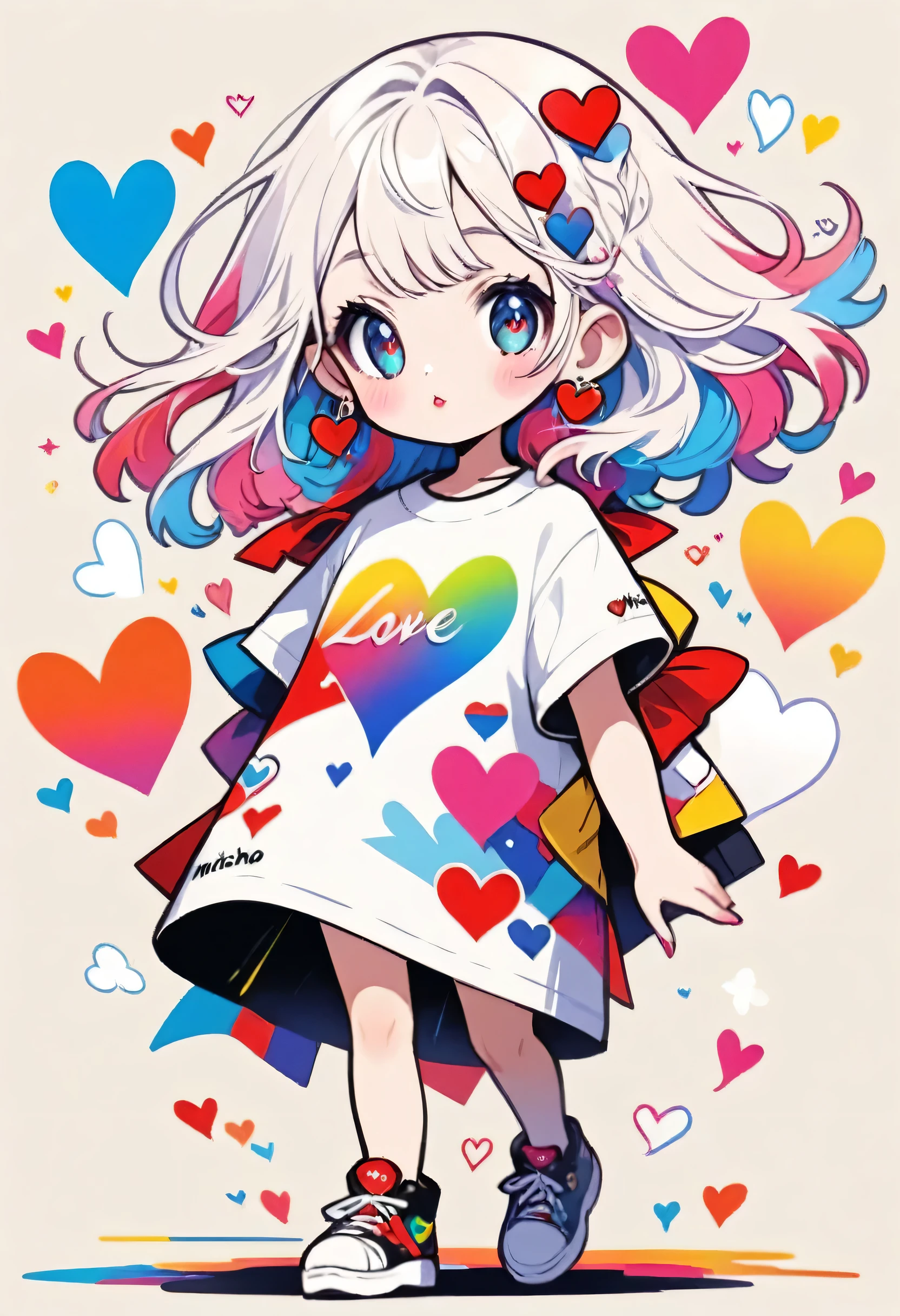 Ultra-realism Micho colorful style, Simple Line Initialism，Abstract art，(((The most beautiful girl of all time))), Sweet face. Lips in love, colorful hearts, stylish design, 夏のオシャレなTシャツ, 黒い瞳, walking, Paris