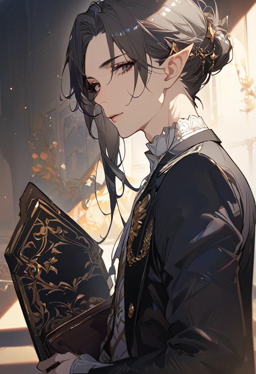 masterpiece, best quality, 8k ,4k , 1 male, elf, long ears elf, dark grayish hair, dark greenish eyes, hair ornament, finely detailed eyes and detailed face, looking at viewer, from side, meticulous clothes, formal clothes, combination of white and black coat, half cape by the shoulders, patterned clothes, majestic looks, sharp looks, shadows, inspired by Asukaziye artist : ask, art style : ask