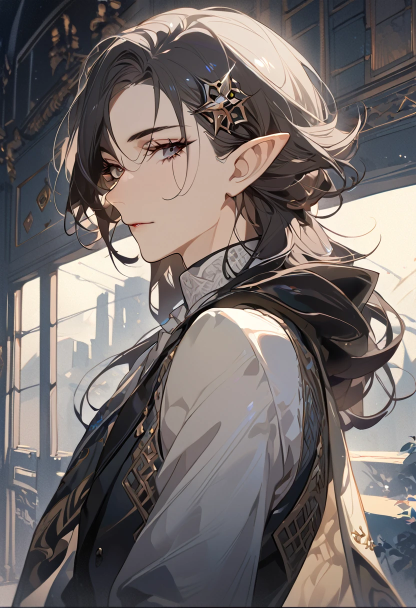 masterpiece, best quality, 8k ,4k , 1 male, elf, long ears elf, dark grayish hair, dark greenish eyes, hair ornament, finely detailed eyes and detailed face, looking at viewer, from side, meticulous clothes, formal clothes, combination of white and black coat, half cape by the shoulders, patterned clothes, majestic looks, sharp looks, shadows, inspired by Asukaziye artist : ask, art style : ask