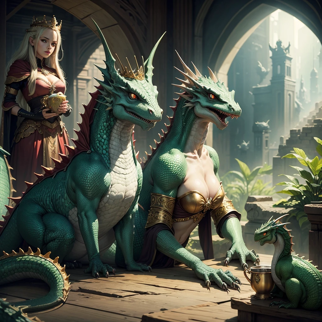 queen with tinny dragon in her kingdom