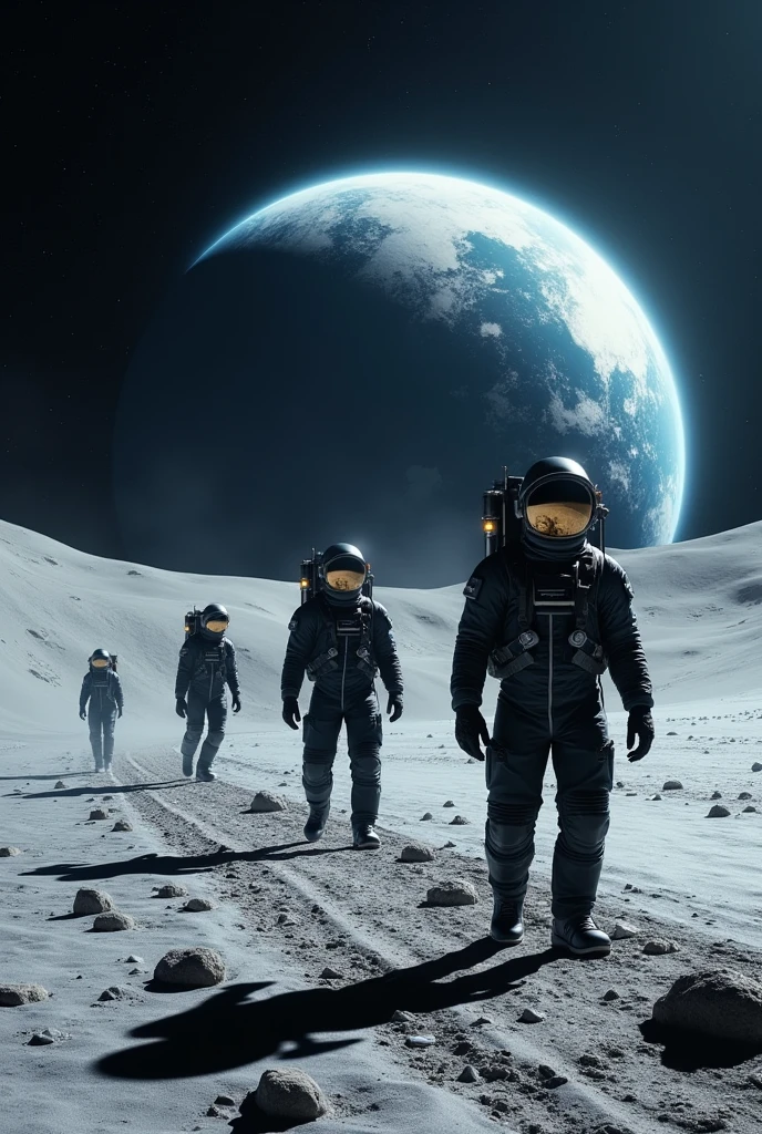 Vários Astronauts, Black suit, walk on The moon, working, earth on The Horizon. Cinema style, 4k, great angular