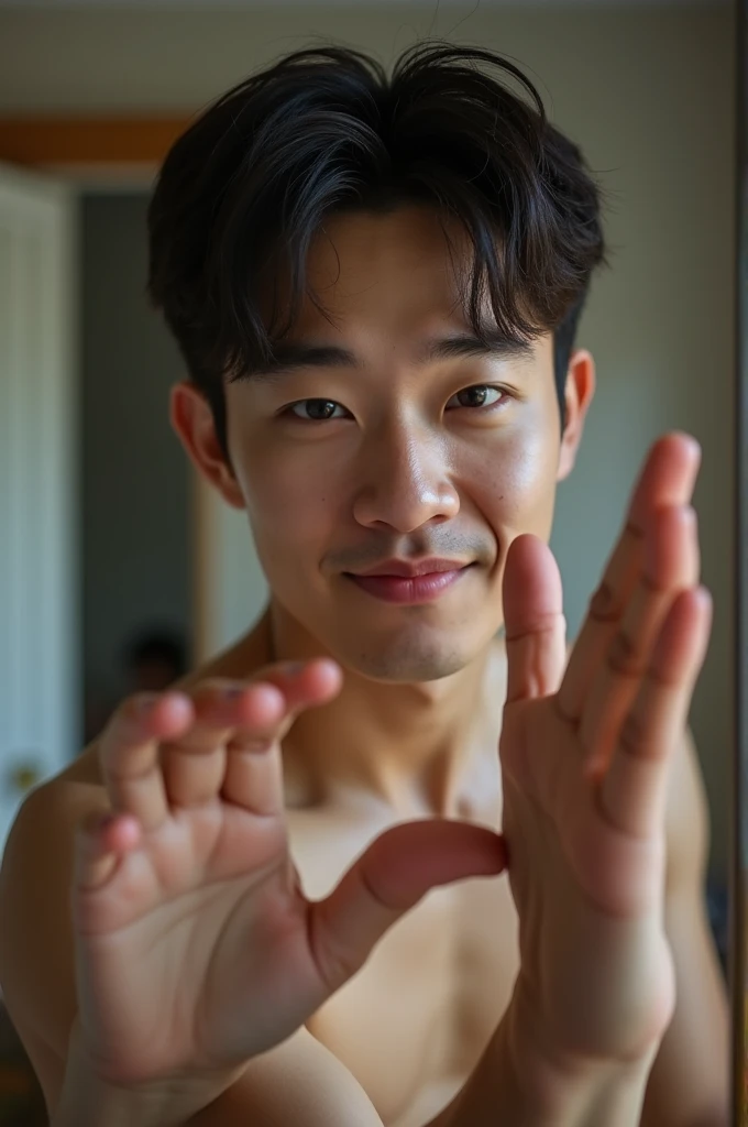 A 29-year-old Korean man standing in front of his bedroom mirror, with his muscular and toned hands and arms, showing the veins clearly marked on his skin. It is possible to see how the man is taking the photograph with his cell phone, with a flirtatious expression on her face because of her effort in doing the push-ups. The photograph has good framing and focus, showing all the details of his hands and arms, with veins clearly standing out due to push-up exercise. The man is of thin and athletic build, clear skin, dark brown hair, dark brown eyes, some freckles around the nose and forehead, and a mischievous and attractive smile.