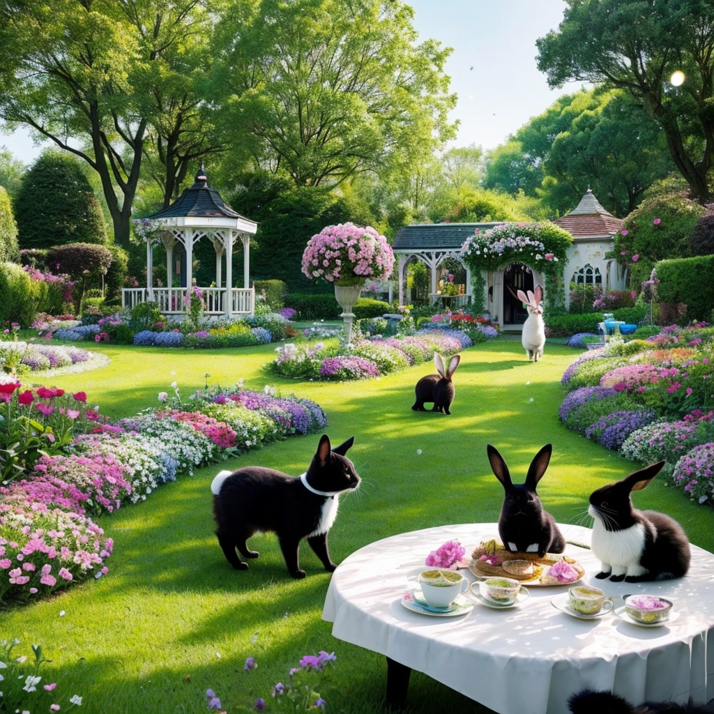 Fairy World　A tea party with a cute black cat, a calico cat, a white cat, a sheep, and a rabbit.　Flower Garden　race　Double Exposure　Sparkling　Glitter　lame　Like popping out　wing　High Contrast　Photon Mapping