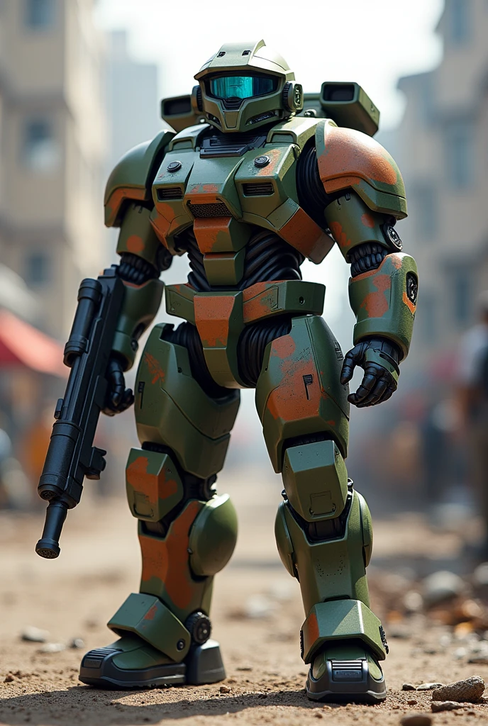 ((Highest quality, 8k, masterpiece :1.3)), 1 Armored Trooper,,Scope Dog , Single-seater Robot, Camouflage painting, Turret Lens, Arm punch,Red shoulder,Gatling Gun,Hit, background:Udo City