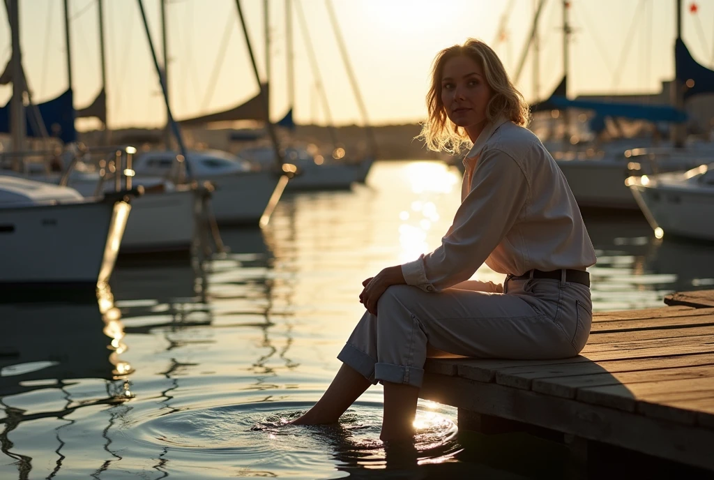 A tranquil scene inspired by the work of Pino Daeni: a contemplative mature female figure sits on a weathered wooden bridge, her feet immersed in the water. Her rolled-up pants give her confidence. In the background you can see a sailing marina with boats moored like small islands. Warm sunlight casts dramatic shadows, creating a captivating chiaroscuro effect.