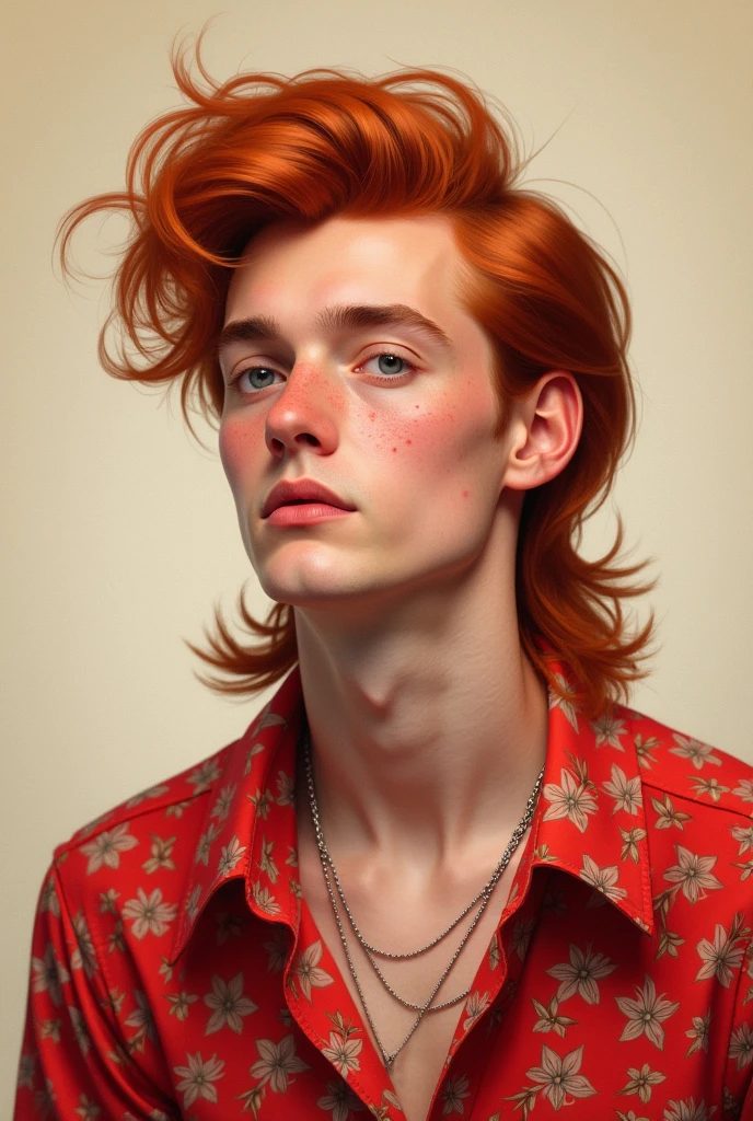 Create a picture with a singer who wears a red mullet and a red flower shirt.. He looks like a nerdy guy with pimples..
It should say Stanley Bauer on it