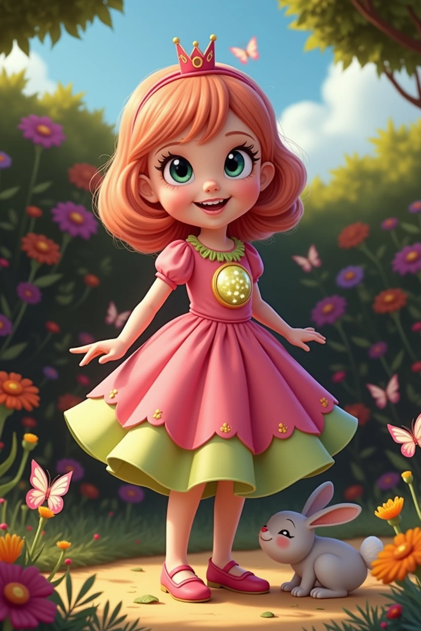 Cover Illustration:
- A whimsical scene depicting Princess Pip in her bright pink dress, with a big, sparkling button. She is standing in a lush green garden, surrounded by blooming flowers and butterflies. Bun Bun the bunny sits beside her, looking up at her with a playful smile. The overall tone of the illustration should be bright, cheerful, and inviting.
Imagine a cover with a sunny yellow background. Pip stands in the center, her pink dress flowing around her. The button on her dress is a large, sparkling gem, reflecting the sunlight. Bun Bun sits beside her, looking up at her with a mischievous grin. In the background, colorful flowers bloom, and butterflies dance in the air. The title "Princess Pip and the Lost Button" is written in a bold, playful font, with the author's name below it.