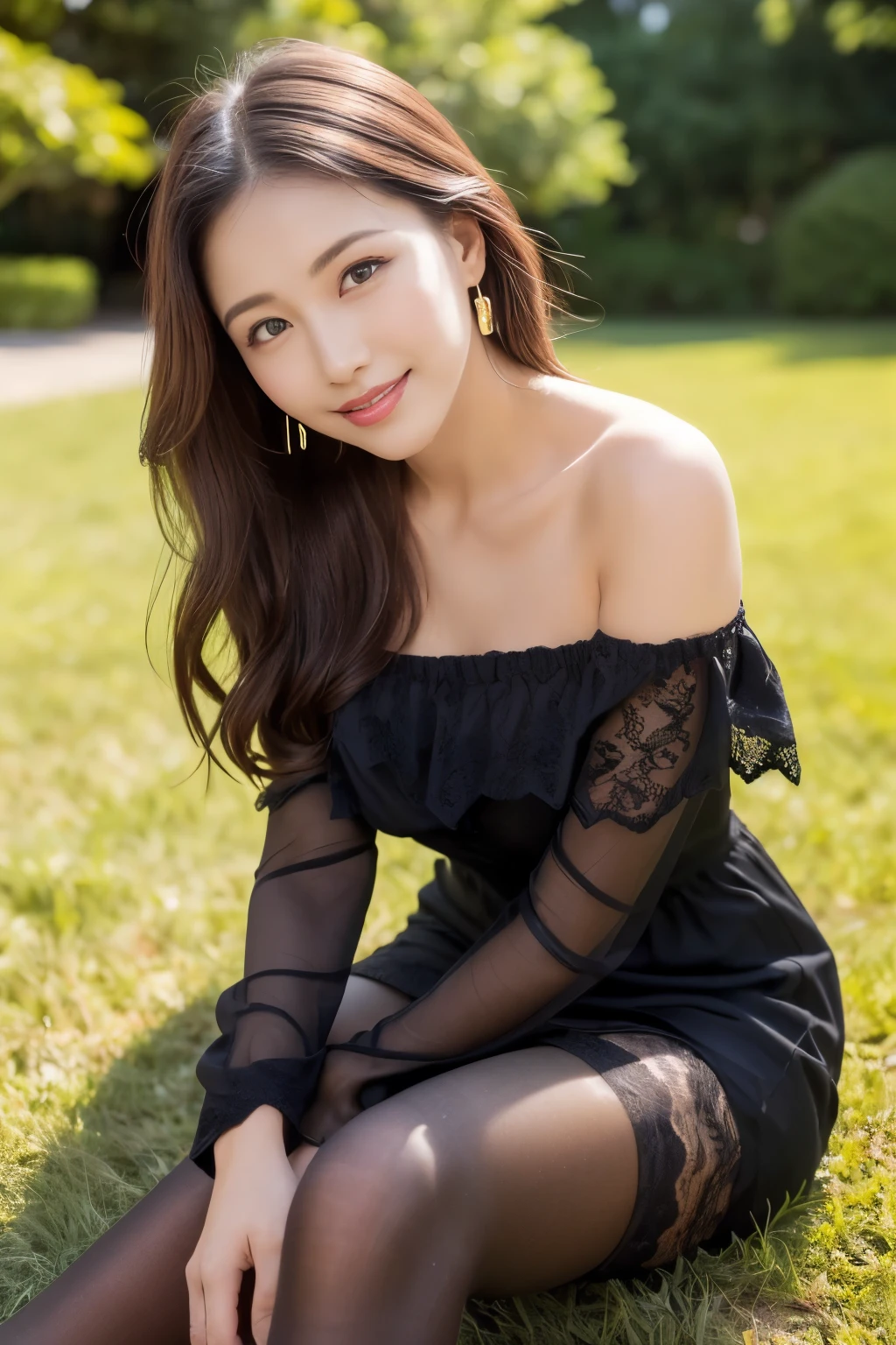 (((masterpiece))), (((Highest quality: 1.4))), ((Super detailed: 1.4)), (RAW Photos:1.2), (Photorealistic),(Genuine: 1.4), Popular actress、 (A black lace off-the-shoulder dress:1.3)、(Ultra-realistic pantyhose:1.3), Random Pause, Ultra-realistic skin texture、Shiny skin、Bare thighs!!!、A shy smile、Sit on the grass、Pose for shooting、sunlight、A quiet park、
