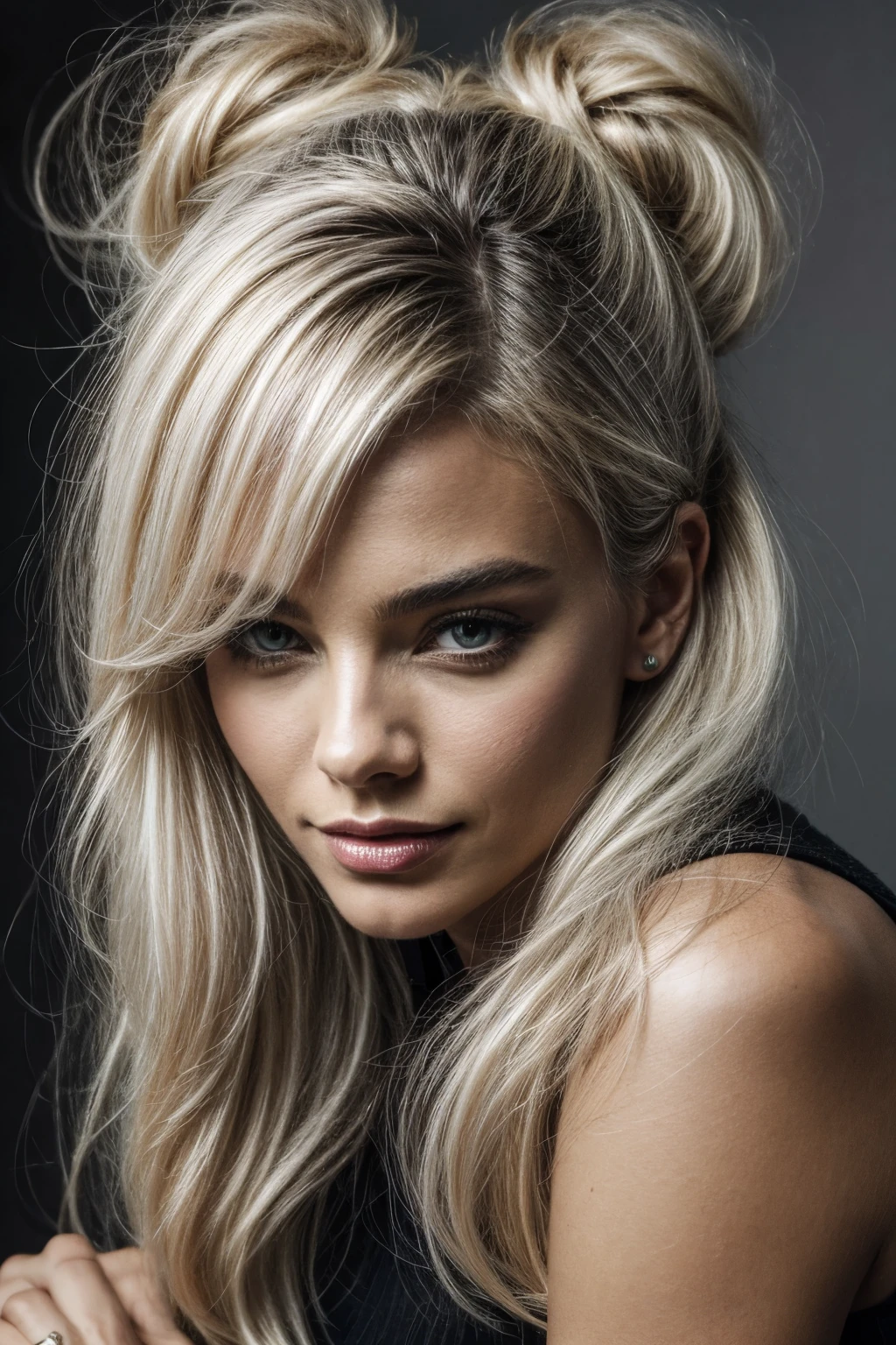 1 woman like girl next door with coloured white hair wearing a luxurious black sweater and black leather leggings, sitting on bottom in front of mirror in bedroom, 23 years old, Mix out of 50% Margot Robbie and 50% Jennifer Aniston, 172cm height, 62kg weight, perfectly shaped natural soft curly intense white hair, clear intense light green eyes, long dark black lashes, perfectly shaped dark black eyebrows, dark-caramel-tanned skin, slim and well-defined body, trained curvy body, elegant nose, small ears, full lips, white teeth, small soft ladylike hands, painted fingernails, perfectly styled, soft makeup, high resolution, masterpiece, best quality, intricate high detail, highly detailed, sharp focus, detailed skin, realistic skin texture, real skin texture, detailed eyes, professional, real life, ultra-realistic, photorealism, photography, realistic photography, UHD, Foto RAW