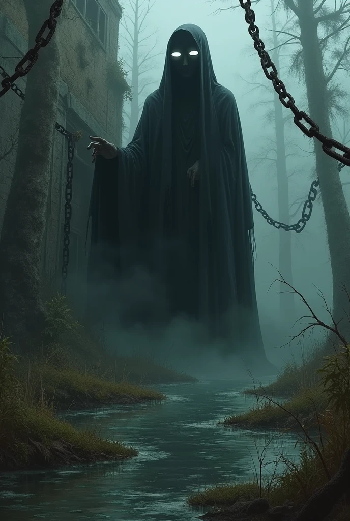 Create a domain expansion of marshy Shirine and chains should be dark theme this marshmallow face should be black on a building