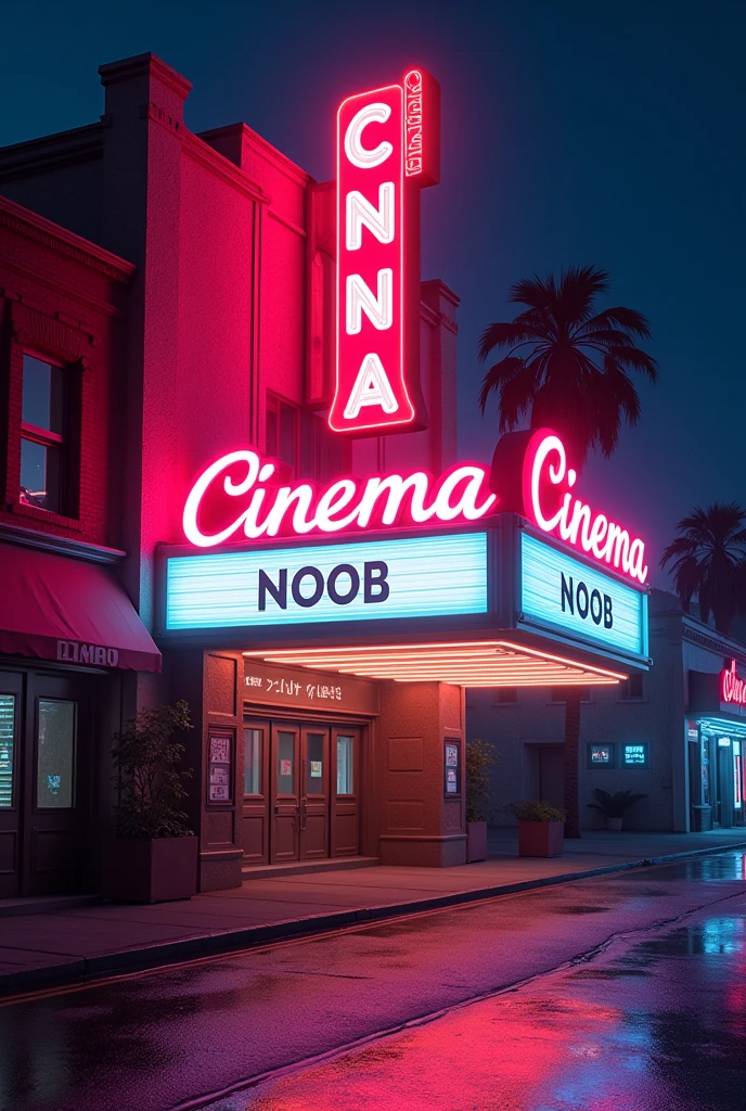 Cinema marquee with title "Cinema Noob" in 80s style neon illuminated