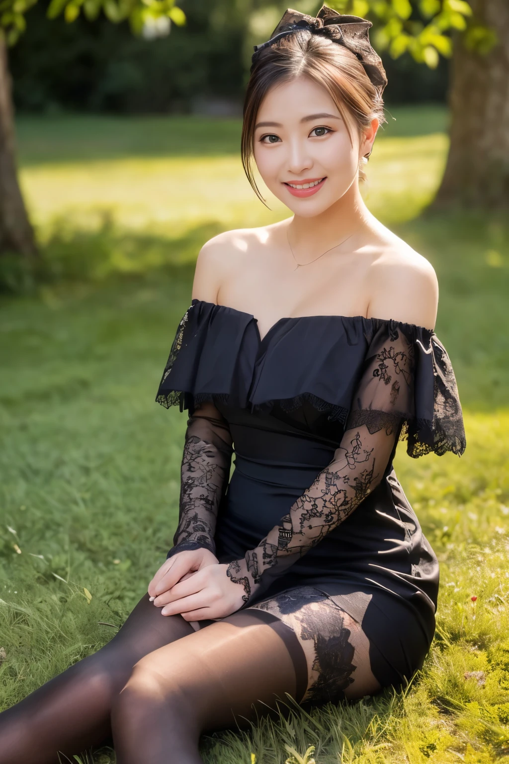 (((masterpiece))), (((Highest quality: 1.4))), ((Super detailed: 1.4)), (RAW Photos:1.2), (Photorealistic),(Genuine: 1.4), Popular actress、 (A black lace off-the-shoulder dress:1.3)、(Ultra-realistic pantyhose:1.3), Random Pause, Ultra-realistic skin texture、Shiny skin、Bare thighs!!!、A shy smile、Sit on the grass、Pose for shooting、sunlight、A quiet park、