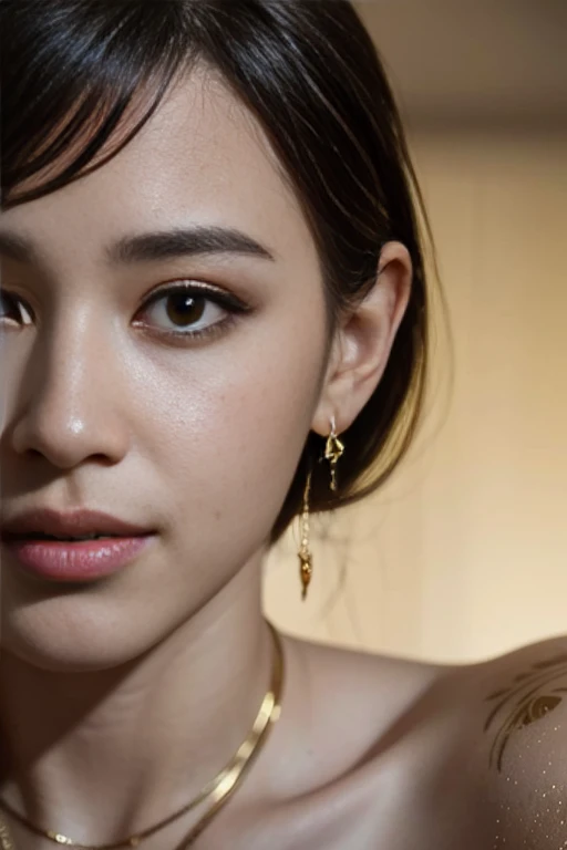 gold tattoos with a girl in rain with golden earrings, in the style of vray tracing, martin ansin, yuumei, poured, close up, dark white and gold, speedpainting, masterpiece, best quality,