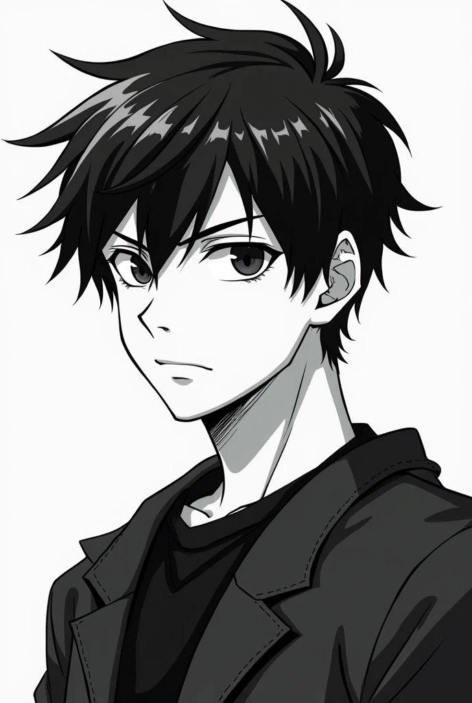 create an avatar for me with bust, 2d anime male, black and white