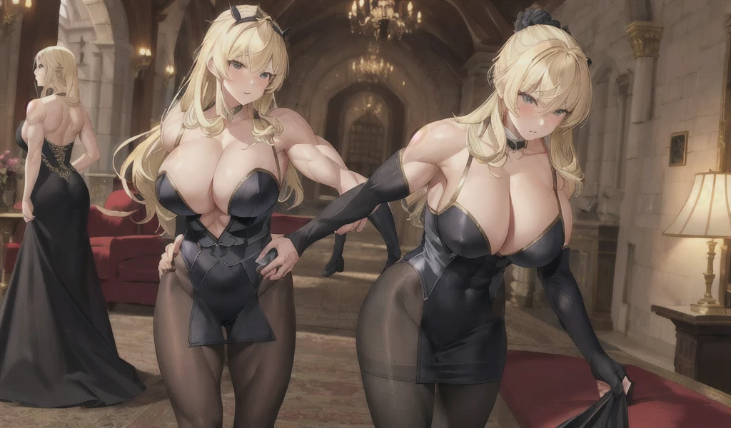 Blonde-haired, busty, adult female，cleavage，Black evening dress，muscle，Abdominal muscles，thigh，black pantyhose，Standing，Medieval European castles