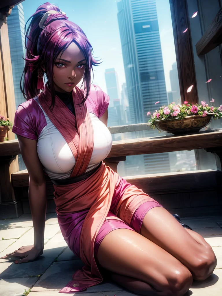 masterpiece, absurdres, yoruichi, 1girl, solo, smiling, mature female, wearing indian saree, saree,  looking at viewelling petals), perfect composition, detailed lips, big breast, beautiful face, body proportion, blush, (pink lips), purple hair, ponytail hair, soft gaze, super realistic, detailed, photoshoot, realistic face and body, full body picture, 16k, at a flower garden, wearing high heels, sitting, dark skin