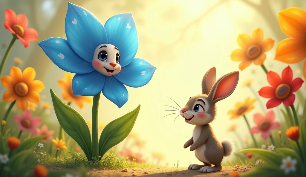 A small, adventurous rabbit named Max, A tall, blue flower with a friendly face and swaying petals, talking to Max. The other flowers are also smiling and nodding. Max is standing on his hind legs, looking up at the blue flower with a mix of surprise and pride.