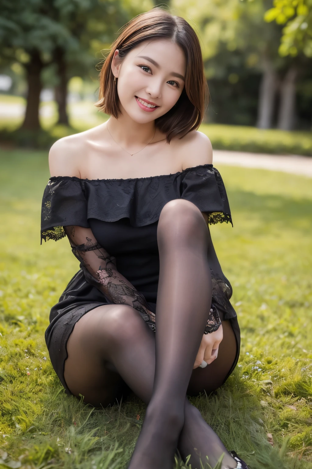 (((masterpiece))), (((Highest quality: 1.4))), ((Super detailed: 1.4)), (RAW Photos:1.2), (Photorealistic),(Genuine: 1.4), Popular actress、 (A black lace off-the-shoulder dress:1.3)、(Ultra-realistic pantyhose:1.3), Random Pause, Ultra-realistic skin texture、Shiny skin、Bare thighs!!!、A shy smile、Sit on the grass、Pose for shooting、sunlight、A quiet park、