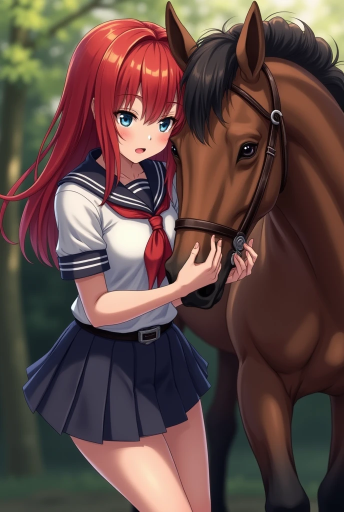 A redhead girl with blue eyes and huge breasts in a schoolgirl uniform and a mini skirt having explicit sex with a horse