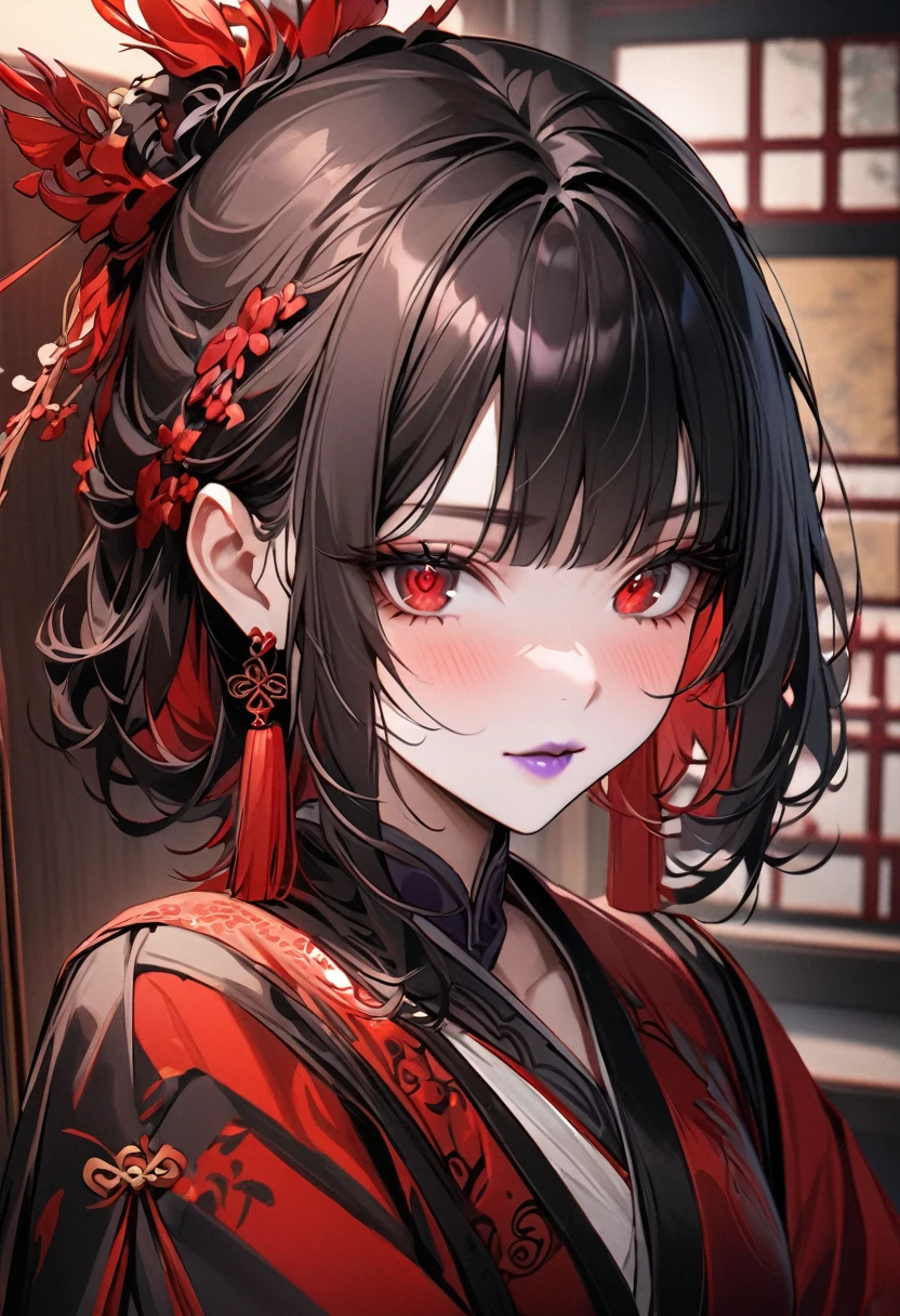 ((best quality)), ((Masterpiece)), (details), 1 female, adult, look good, beautiful, ใบหน้าbeautifulมาก, Intricately drawn eyes, black hair, Red hair ends, red eyes, portrait photography, Mouth closed, ancient china, Purple lips