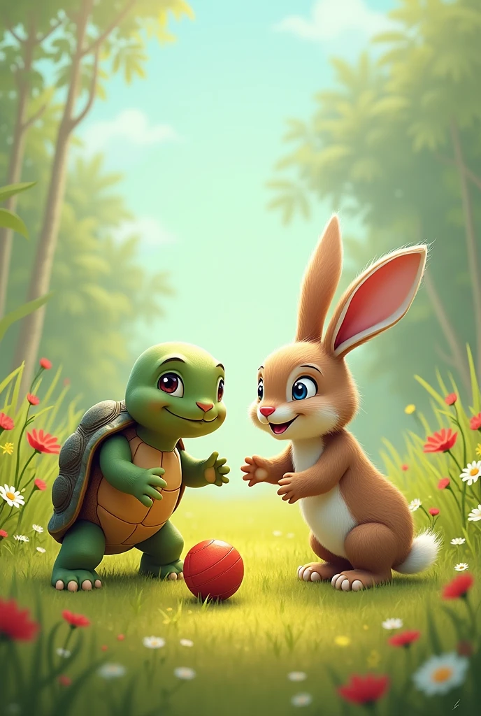 Turtle  and rabbit playing with a ball and enjoying