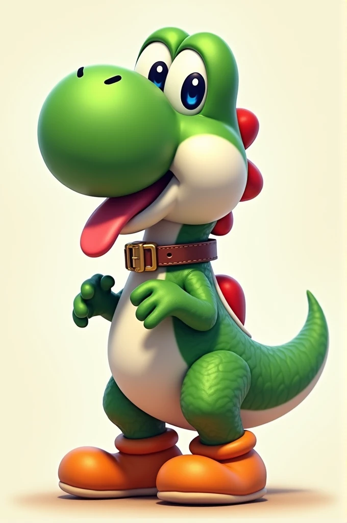 Yoshi the dinosaur panting like a dog with a dog collar.