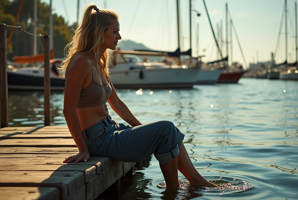 A tranquil scene inspired by the work of Pino Daeni: a contemplative mature female figure sits on a weathered wooden bridge, her feet immersed in the water. Her rolled-up pants give her confidence. In the background you can see a sailing marina with boats moored like small islands. Warm sunlight casts dramatic shadows, creating a captivating chiaroscuro effect.