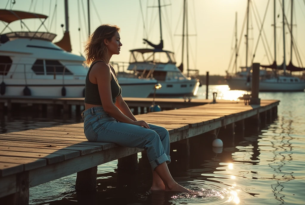 A tranquil scene inspired by the work of Pino Daeni: a contemplative mature female figure sits on a weathered wooden bridge, her feet immersed in the water. Her rolled-up pants give her confidence. In the background you can see a sailing marina with boats moored like small islands. Warm sunlight casts dramatic shadows, creating a captivating chiaroscuro effect.