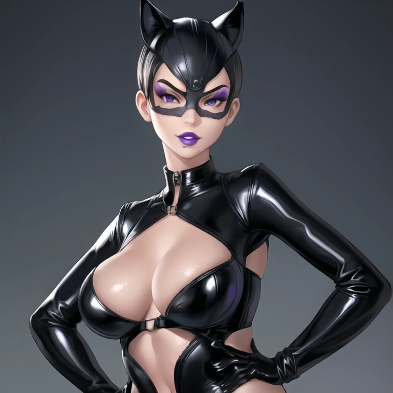 Bowei, catwoman, selina kyle, 1girl, upper body,sway hips, skinny body, skinny thighs, bodysuit, detail eyes, mask , solo, long hair, lips, black hair, black midriff , looking at viewer, simple background, gloves, black background, mole under mouth, eyeshadow, hands on hips, black midriff,leather, latex, purple lips, 8k detailed,