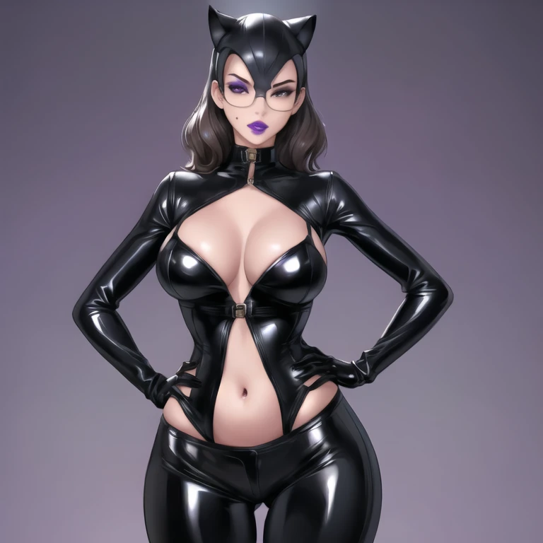 Bowei, catwoman, selina kyle, 1girl, upper body,sway hips, skinny body, skinny thighs, bodysuit, detail eyes, mask , solo, long hair, lips, black hair, black midriff , looking at viewer, simple background, gloves, black background, mole under mouth, eyeshadow, hands on hips, black midriff,leather, latex, purple lips, 8k detailed,