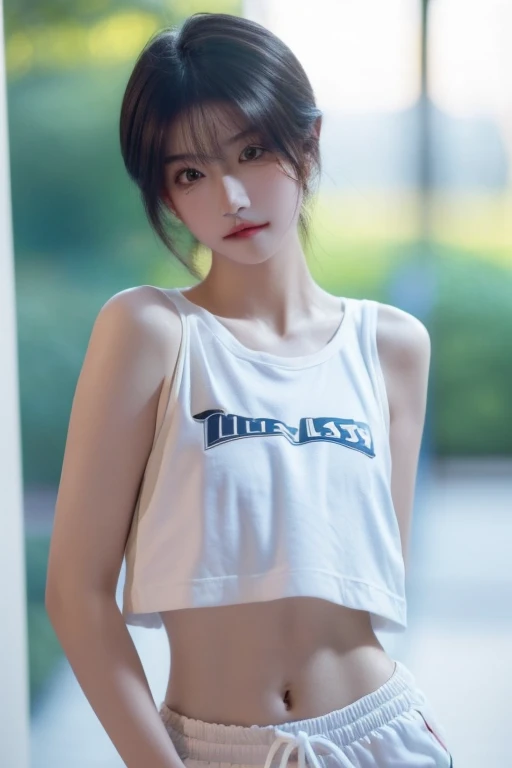 (Best Quality, 8k, masterpiece :1.3)), 1 girl, Pretty woman with slim abs, (by the wide, Ultra detailed face, detailed eyes, double eyelid, sweat shorts, extreme shorts, korean girl, Soft lighting, depth of field, pose sexy, gym,