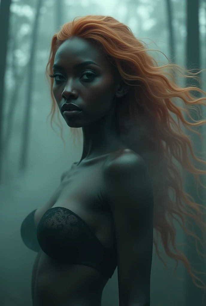 a beautiful very dark tanned woman with perfect and detailed eyes, colossal breasts, long orange-hair, beautiful detailed lips, extremely detailed eyes and face, long eyelashes, intricate facial features, elegant expression, Mysterious look, cinematic lighting, high quality 3d rendering, photorealistic, hyperdetailed, masterpiece, Digital art, Conceptual art, Generate a full body image of a sexy dark tanned girl in underwear, with the body composed of a dense fog. The fog should be thick and detailed, forming the curves of the body in a mysterious and suggestive way. The face must be visible, but the rest of the body must appear ethereal and nebulous, merging with the environment in a soft and elegant way. The background must be a dark forest, with dark trees and an eerie atmosphere. The image must have a very deep depth of field, making the girl in the foreground stand out clearly against the blurry forest background