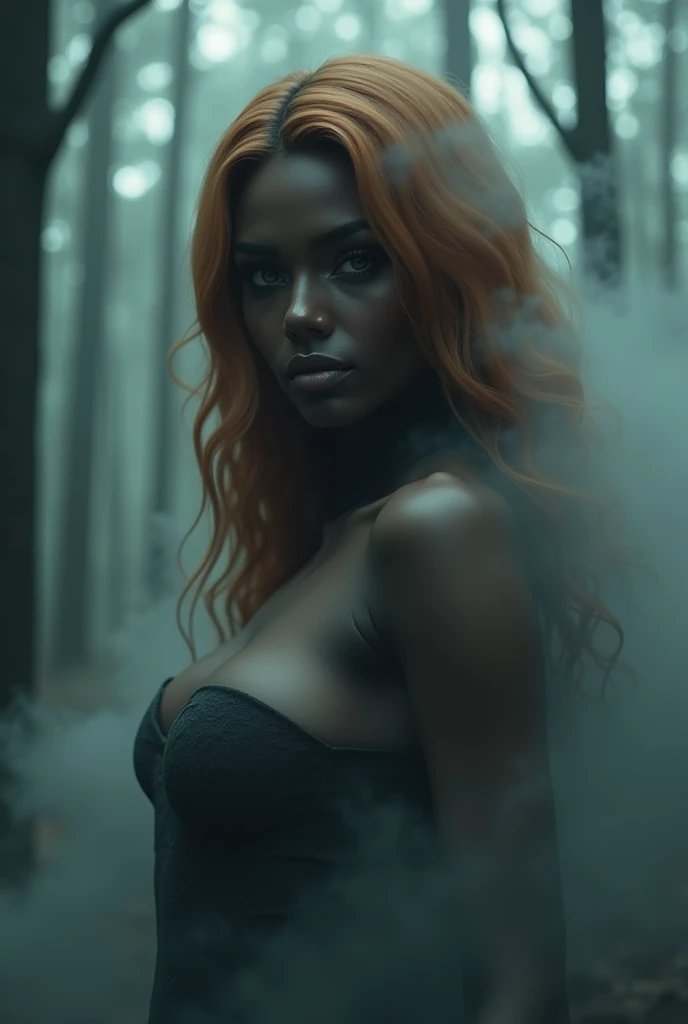 a beautiful very dark tanned woman with perfect and detailed eyes, colossal breasts, long orange-hair, beautiful detailed lips, extremely detailed eyes and face, long eyelashes, intricate facial features, elegant expression, Mysterious look, cinematic lighting, high quality 3d rendering, photorealistic, hyperdetailed, masterpiece, Digital art, Conceptual art, Generate a full body image of a sexy dark tanned girl in underwear, with the body composed of a dense fog. The fog should be thick and detailed, forming the curves of the body in a mysterious and suggestive way. The face must be visible, but the rest of the body must appear ethereal and nebulous, merging with the environment in a soft and elegant way. The background must be a dark forest, with dark trees and an eerie atmosphere. The image must have a very deep depth of field, making the girl in the foreground stand out clearly against the blurry forest background