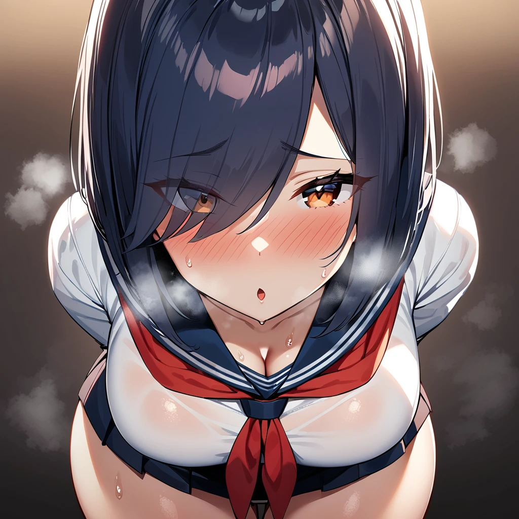 1girl,(Erotic),Closed mouth,serafuku,red neckerchief,white blouse,pleated skirt,sexually suggestive,(Cleavage:1),Leaning forward(cowboyshot:1.5),(in heat:1.5),(big Breast),(heavy breathing:1.5),arms behind back,(Legs_apart),(shiny_skin),(eyes visible through hair:1.5),very sweaty,dark blue hair,(brown eyes),hair over eye,blush,(Heavy Breathing:1.3),(Steaming body:1),(straight-on),(light skin:1.5),masterpiece,best quality,very aesthetic,absurdres,medium hair,straight hair,(female:1),(curvy:1),(incoming kiss), facing_viewer