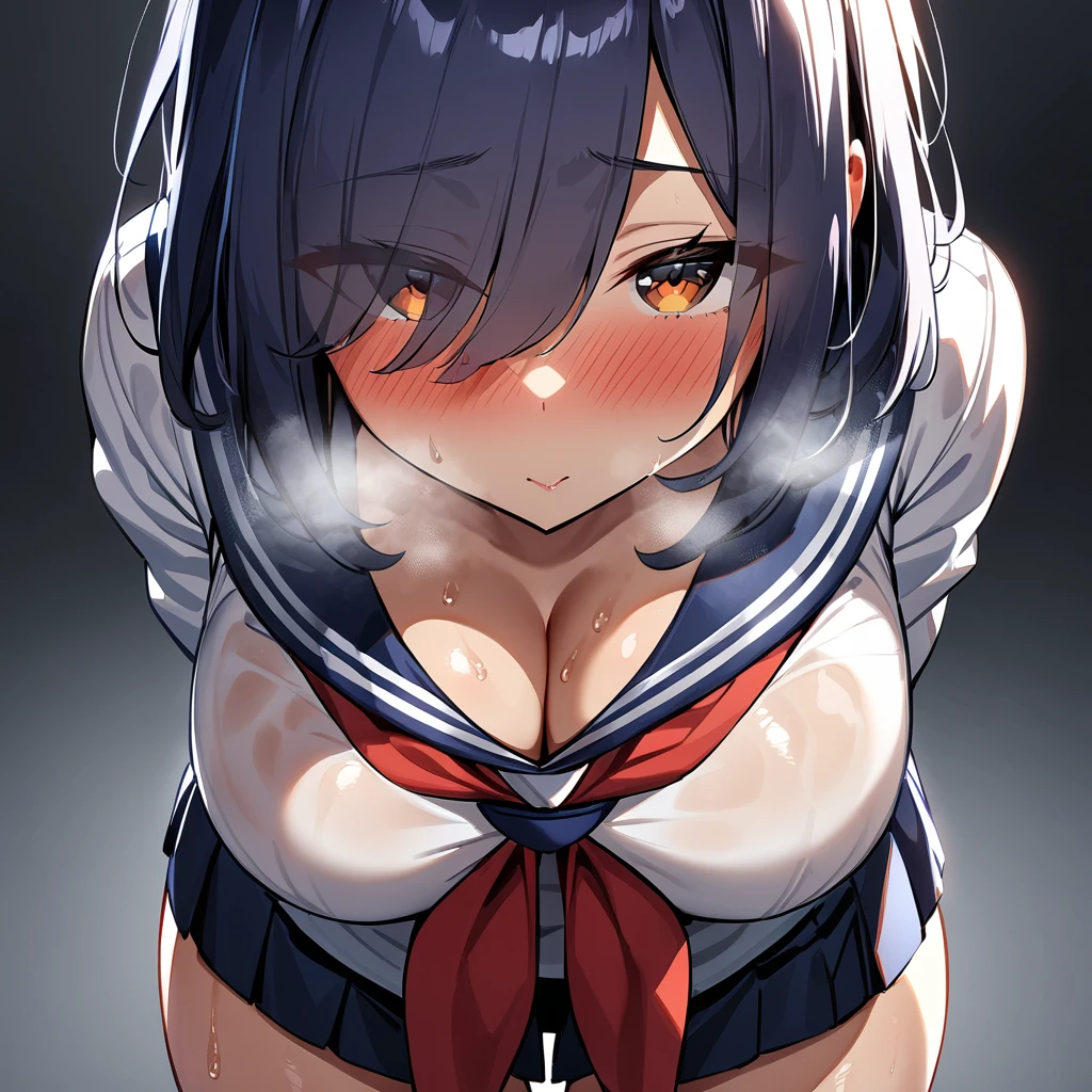 1girl,(Erotic),Closed mouth,serafuku,red neckerchief,white blouse,pleated skirt,sexually suggestive,(Cleavage:1),Leaning forward(cowboyshot:1.5),(in heat:1.5),(big Breast),(heavy breathing:1.5),arms behind back,(Legs_apart),(shiny_skin),(eyes visible through hair:1.5),very sweaty,dark blue hair,(brown eyes),hair over eye,blush,(Heavy Breathing:1.3),(Steaming body:1),(straight-on),(light skin:1.5),masterpiece,best quality,very aesthetic,absurdres,medium hair,straight hair,(female:1),(curvy:1),(incoming kiss), facing_viewer