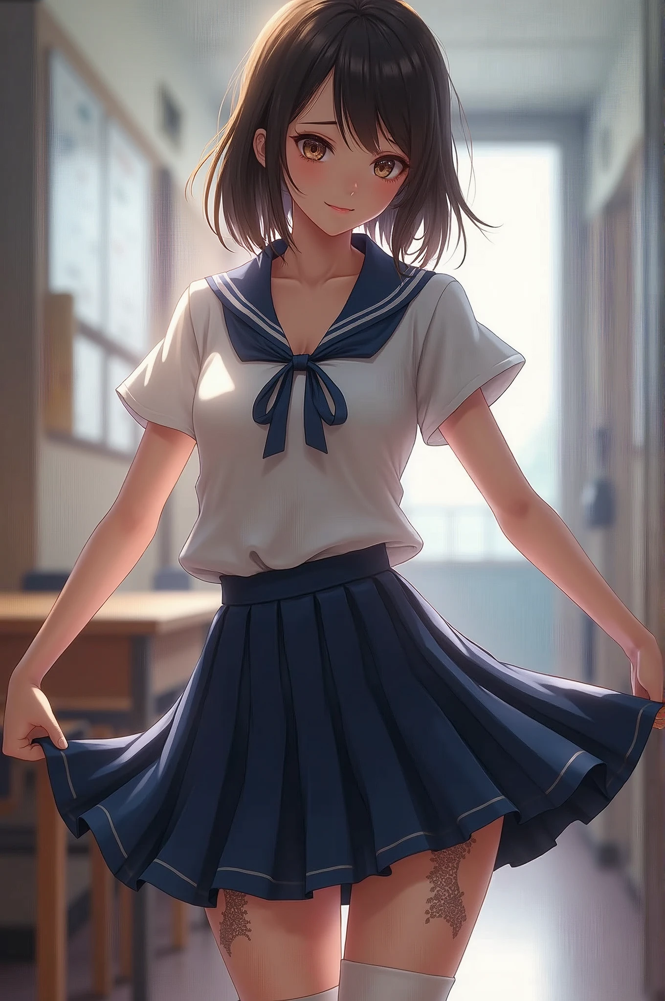 (masterpiece, beautiful japanese anume style, extremely detailed 8k CG, sharp line), High school girl, blue hair, cute, serafuku, skirt lift, detailed white thin lace sheer thong mini t-back panties, cameltoe, thighs, nose blush, anime style , beautiful anime schoolgirl, mesmerizing anime girl, smooth anime CG art, beautiful anime school girl, beautiful anime girl,