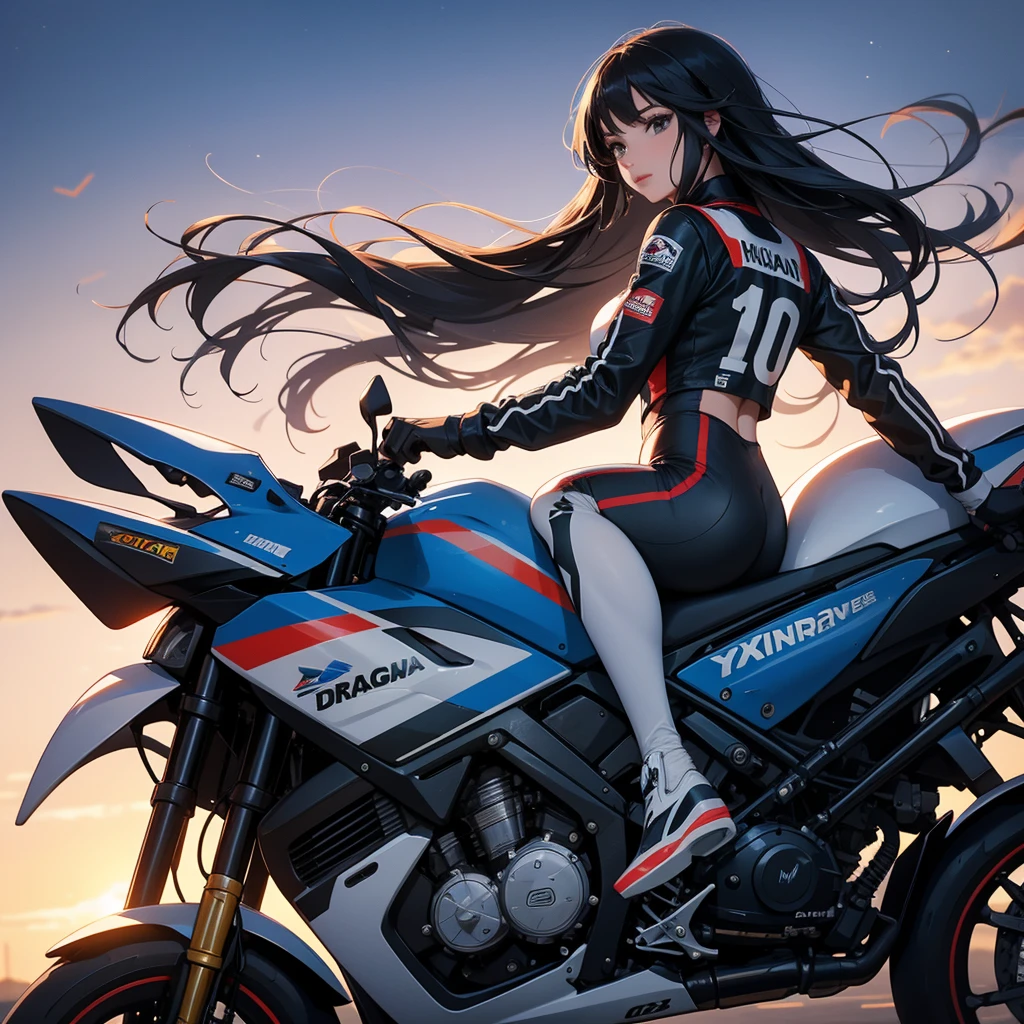 A beautiful female racer wearing a racing suit, with long black hair, is riding a motorcycle, racing on a racetrack. There are many spectators sitting around watching the race, sunset, close up.