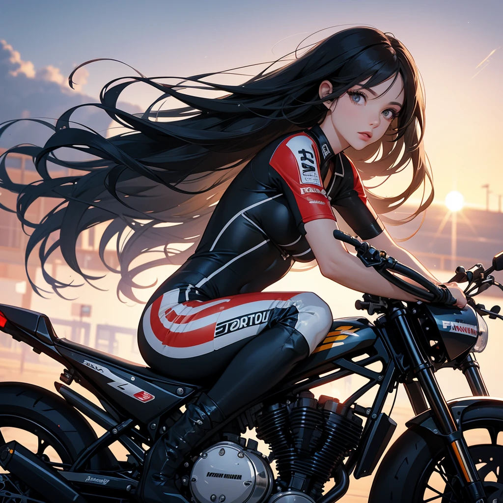 A beautiful female racer wearing a racing suit, with long black hair, is riding a motorcycle, racing on a racetrack. There are many spectators sitting around watching the race, sunset, close up.