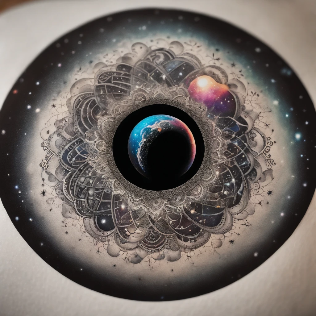 A tattoo with a black hole surrounded by a small universe