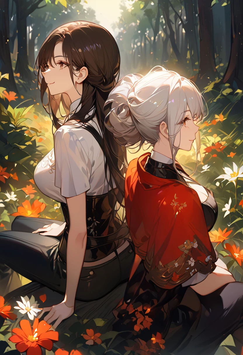 masterpiece, 2 female, back to back, backing each other, backing, dark brown hair, long hair, brown eyes, smiling gently, look away, white shirt, shirt by the shoulder, leather corset, black long pants, sitting, 1 female on the background, white long hair on the background, black clothes with red cape, face slightly facing up, flower field, forest background, camera pov from above slightly to the side, only showing black hair female face, white hair female on the back, 8k ,4k , best quality, high quality, masterpiece, embroidery  clothes, big chest, all kind of hairstyle, inspired by Asukaziye artist : ask, art style : ask