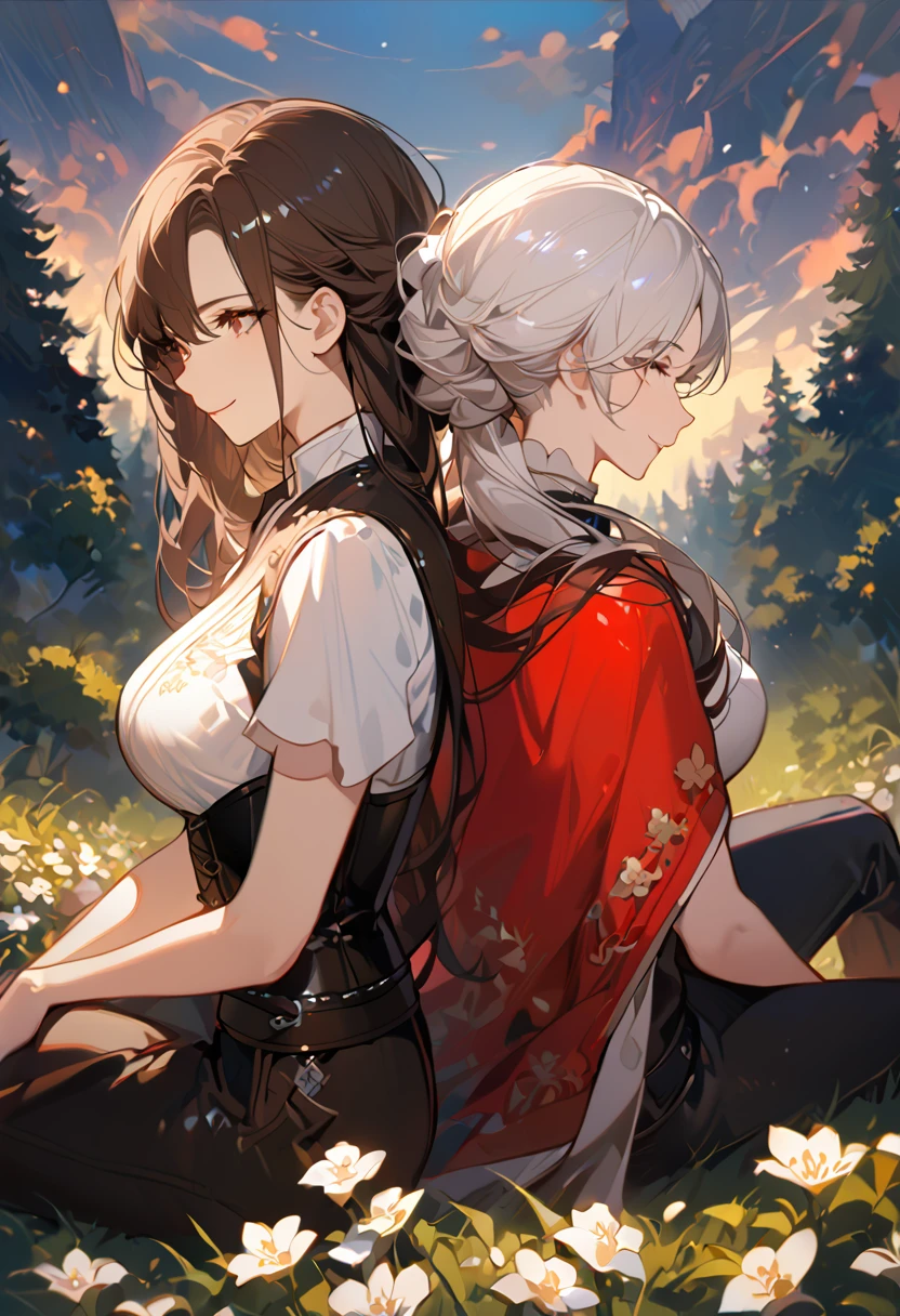 masterpiece, 2 female, back to back, backing each other, backing, dark brown hair, long hair, brown eyes, smiling gently, look away, white shirt, shirt by the shoulder, leather corset, black long pants, sitting, 1 female on the background, white long hair on the background, black clothes with red cape, face slightly facing up, flower field, forest background, camera pov from above slightly to the side, only showing black hair female face, white hair female on the back, 8k ,4k , best quality, high quality, masterpiece, embroidery clothes, big chest, all kind of hairstyle, inspired by Asukaziye artist : ask, art style : ask